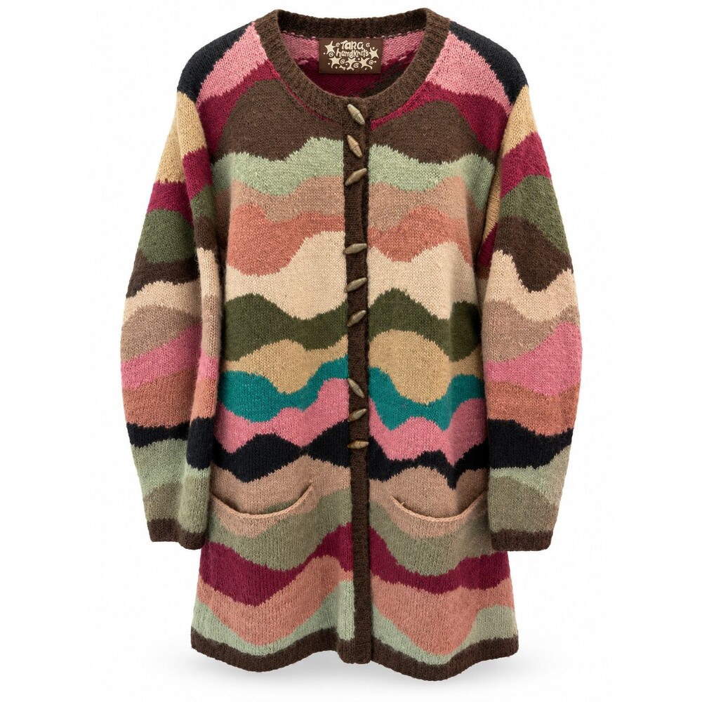 Vtg 90s Tara Handknits Wool Long Cardigan Hand Knit Sz L Nepal Art To Wear Boho